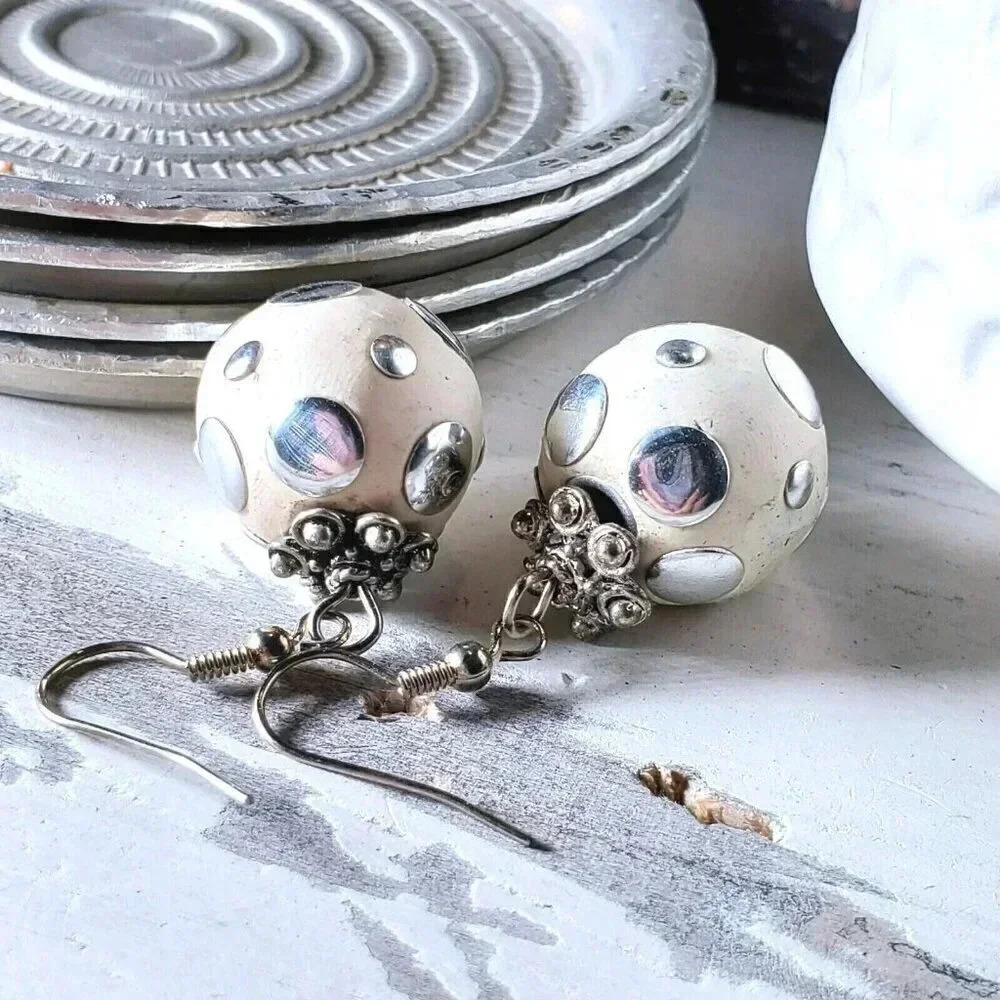 Cream White Tribal Ethnic Kashmiri Lac Silver Brass Dotted East India Earrings